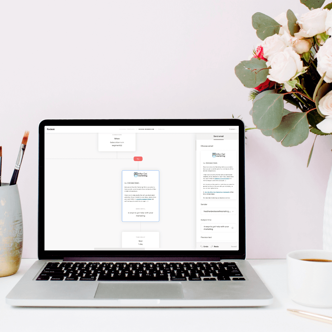 Laptop with a mockup of the Flodesk email marketing platform sequence.