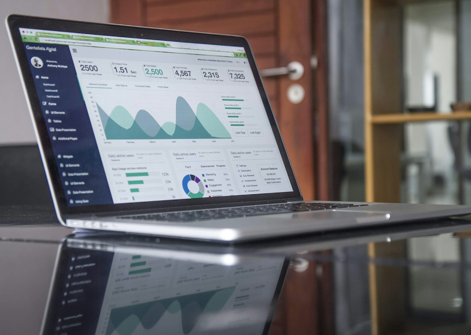 laptop computer on glass-top table with analytics on the screen