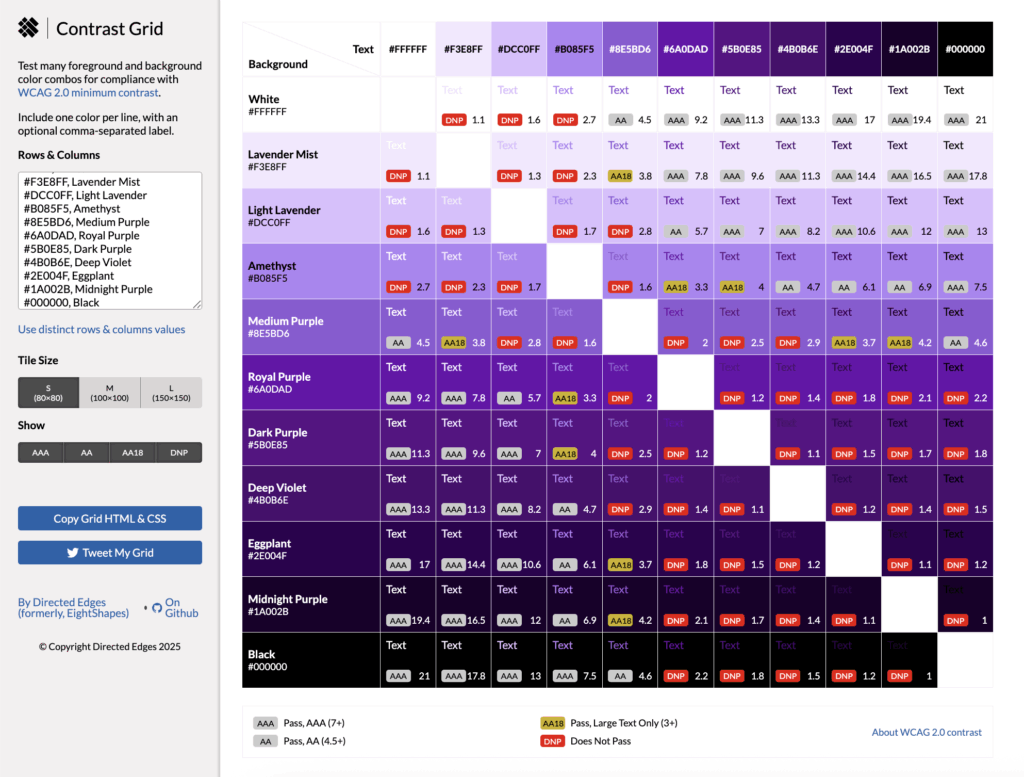 Contrast grid showing WCAG 2.0 compliance of nine purple shades against each other, white, and black backgrounds. Labels indicate AAA, AA, Large Text Only, or Does Not Pass.