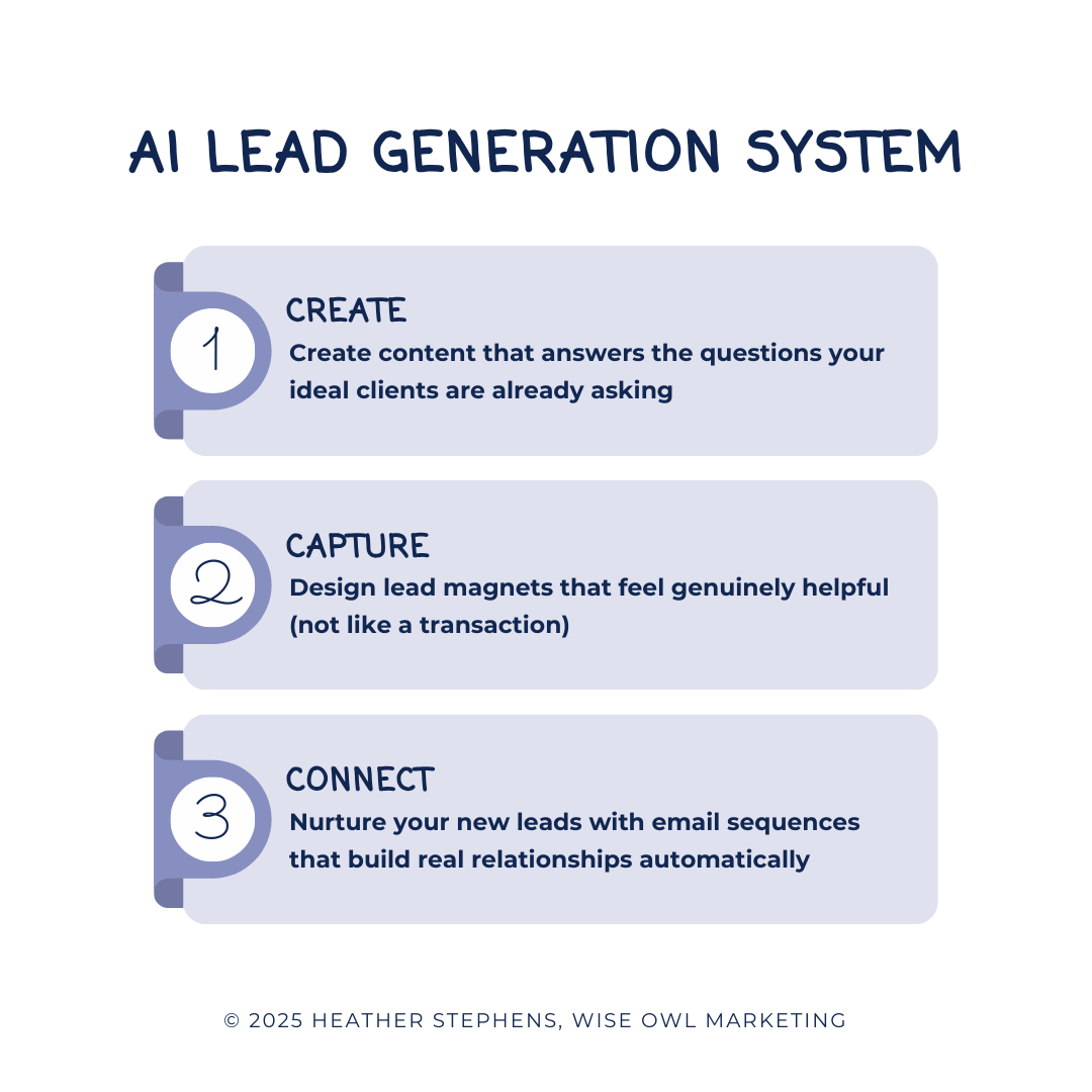 Diagram of the AI lead generation system for coaches: Stage 1 Create (searchable content) → Stage 2 Capture (lead magnet + opt-in) → Stage 3 Connect (welcome email sequence).