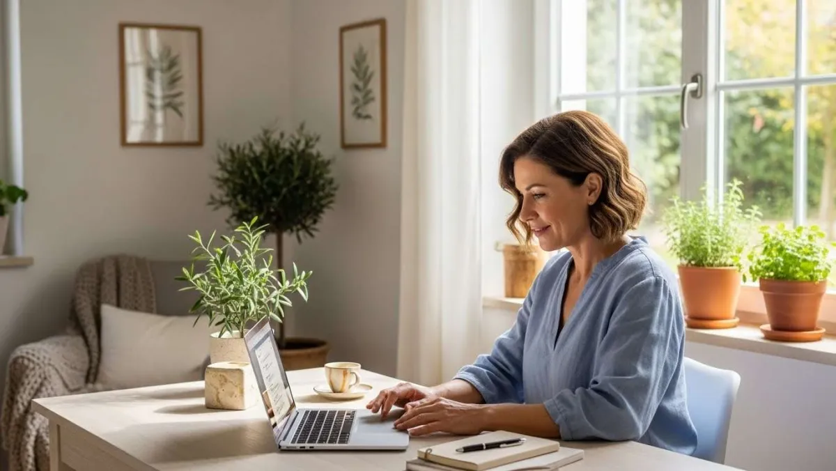 happy woman sitting in her pretty home office using ai for lead generation