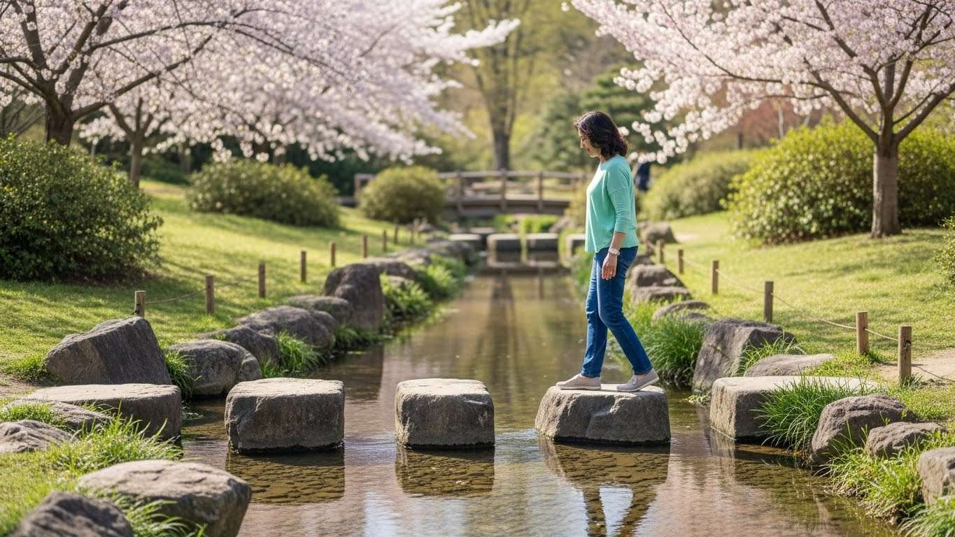 woman walking across stream with 3 stepping stones representing the 3 steps of AI for lead generation