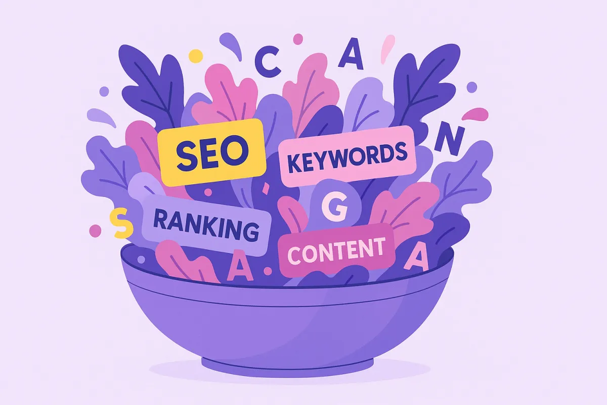 Graphic of a salad bowl with SEO terms in the lettuce: AI SEO Keyword salad