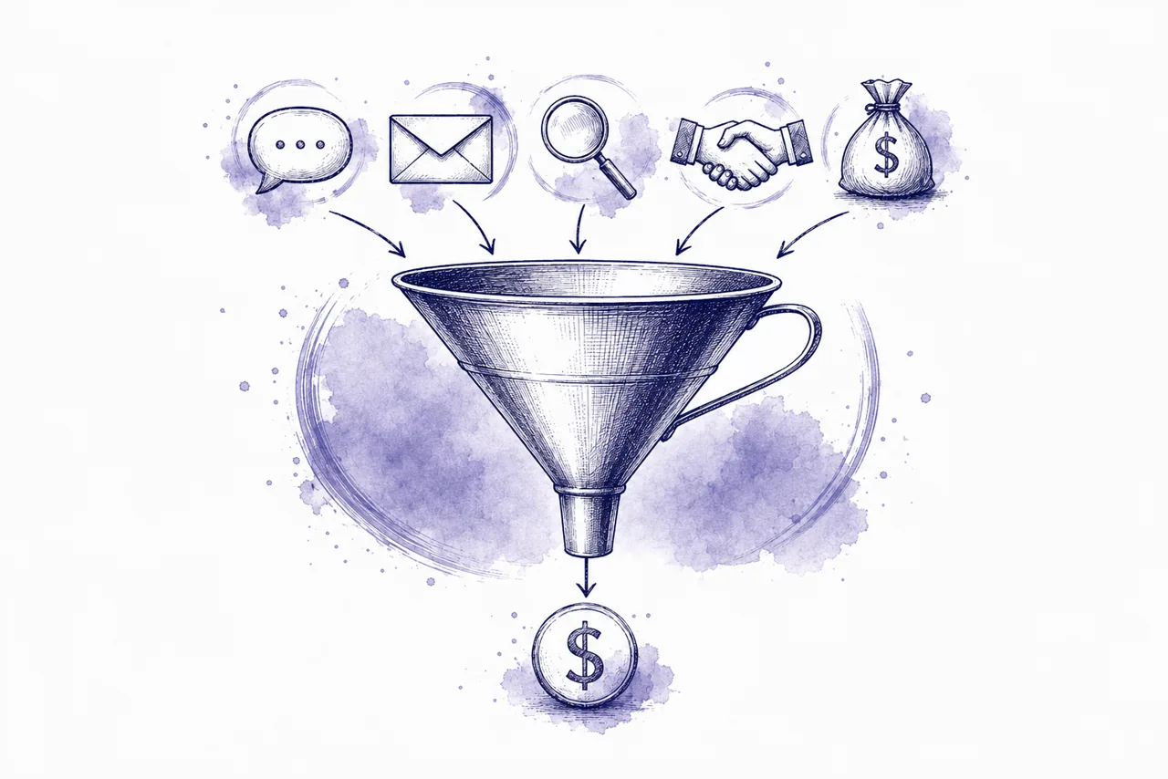 Watercolor illustration: the four stages of a sales funnel