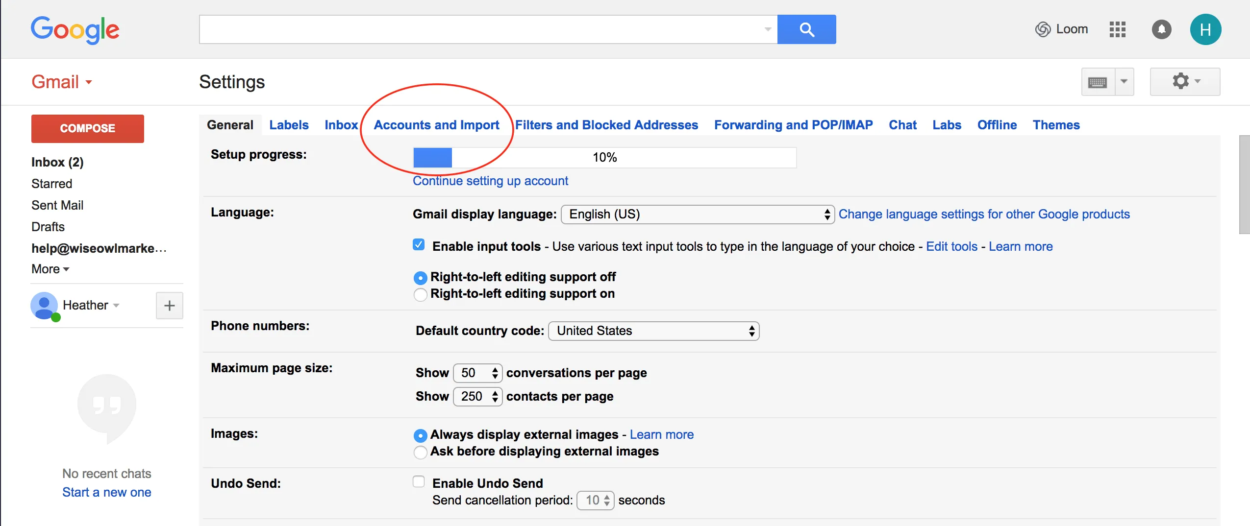Gmail settings open to the Accounts and Import tab