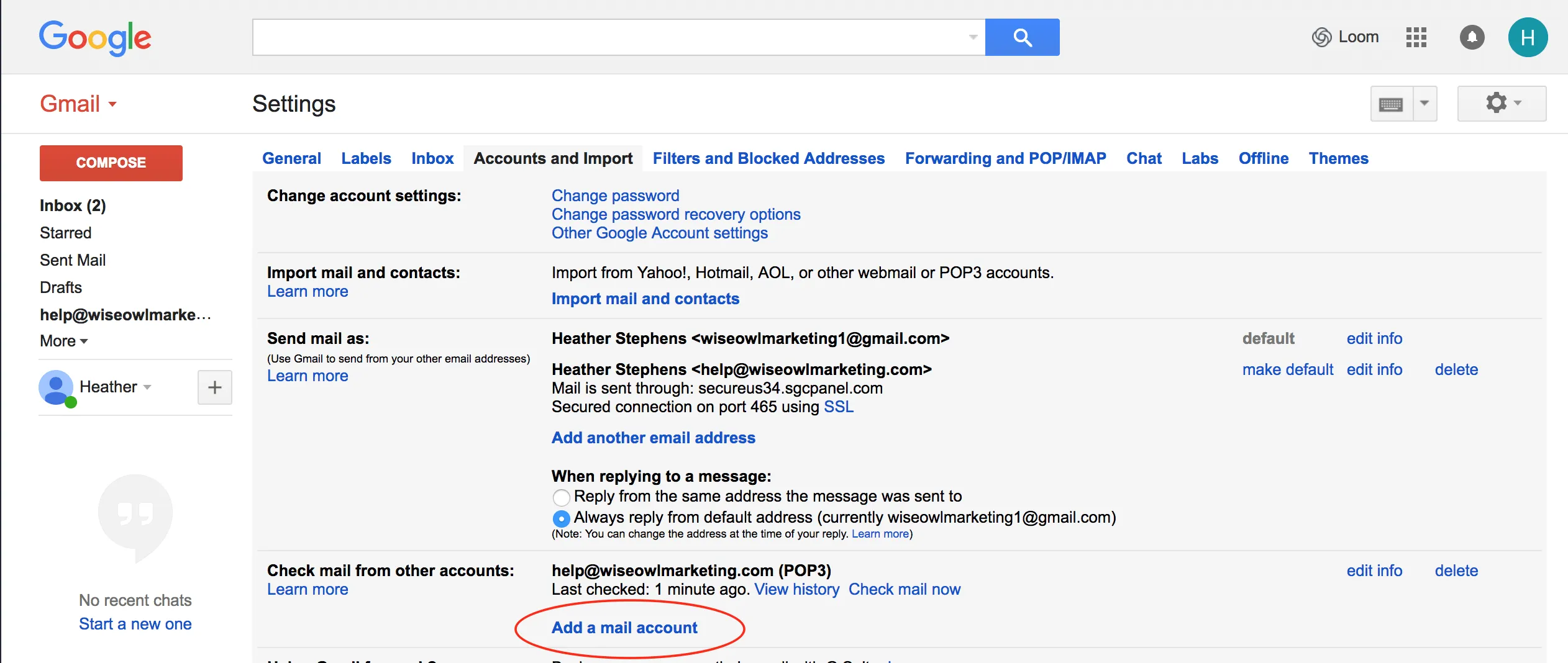 The Add a mail account link under Check mail from other accounts