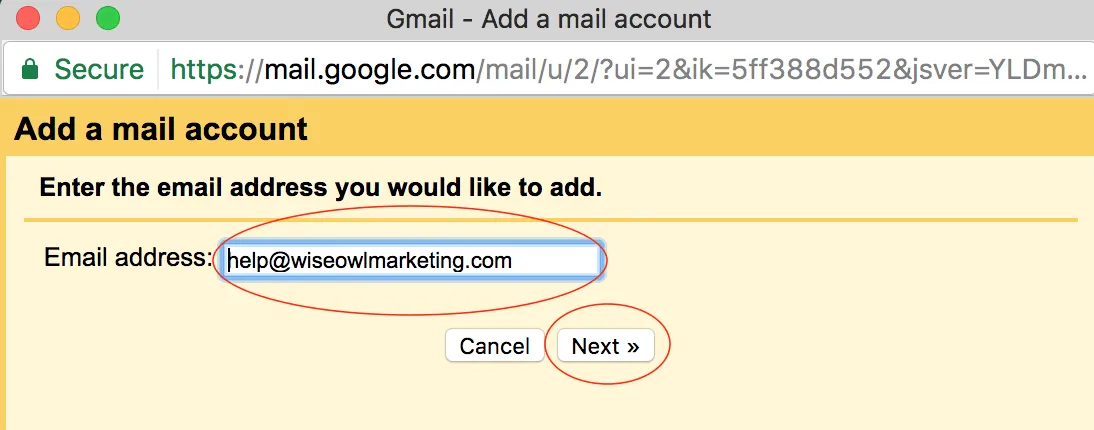 The Add a mail account popup with the domain email address entered