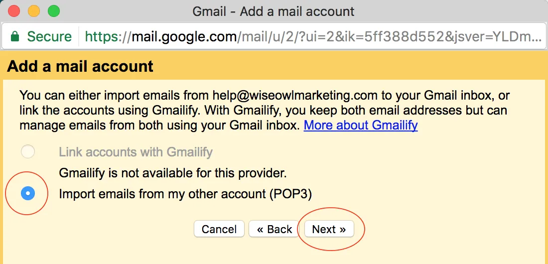 Choosing Import emails from my other account using POP3