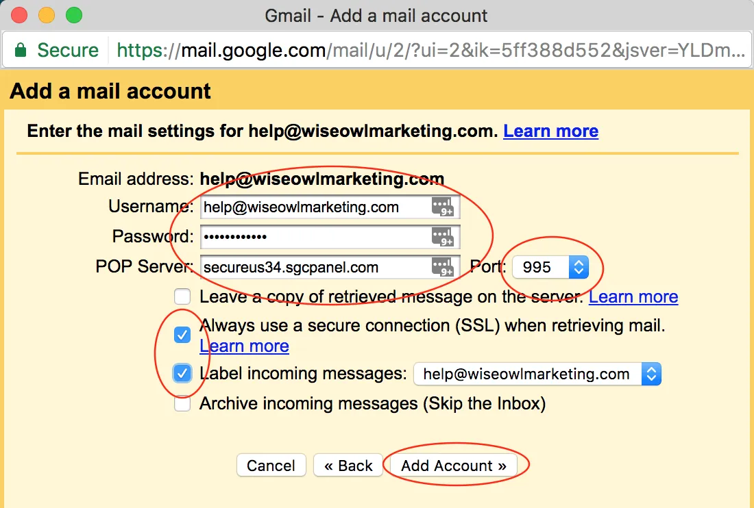 Entering the POP server, port, and username, with Label incoming messages checked