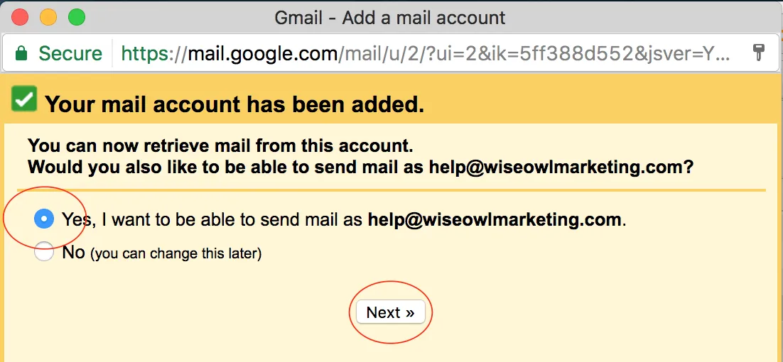 Confirmation that the mail account was added, with Yes selected to also send mail as the address
