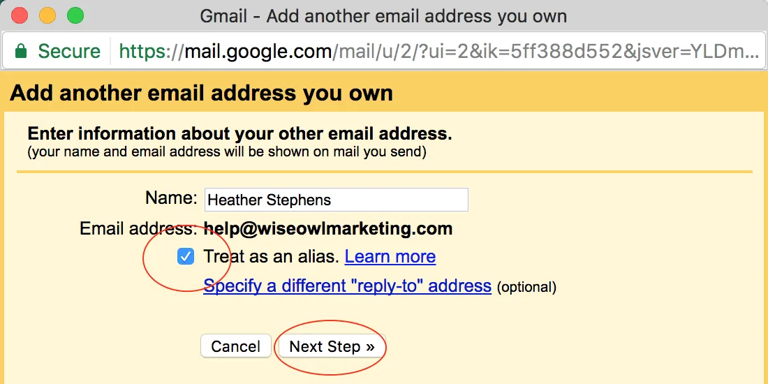 The Add another email address screen with the name entered and Treat as an alias checked