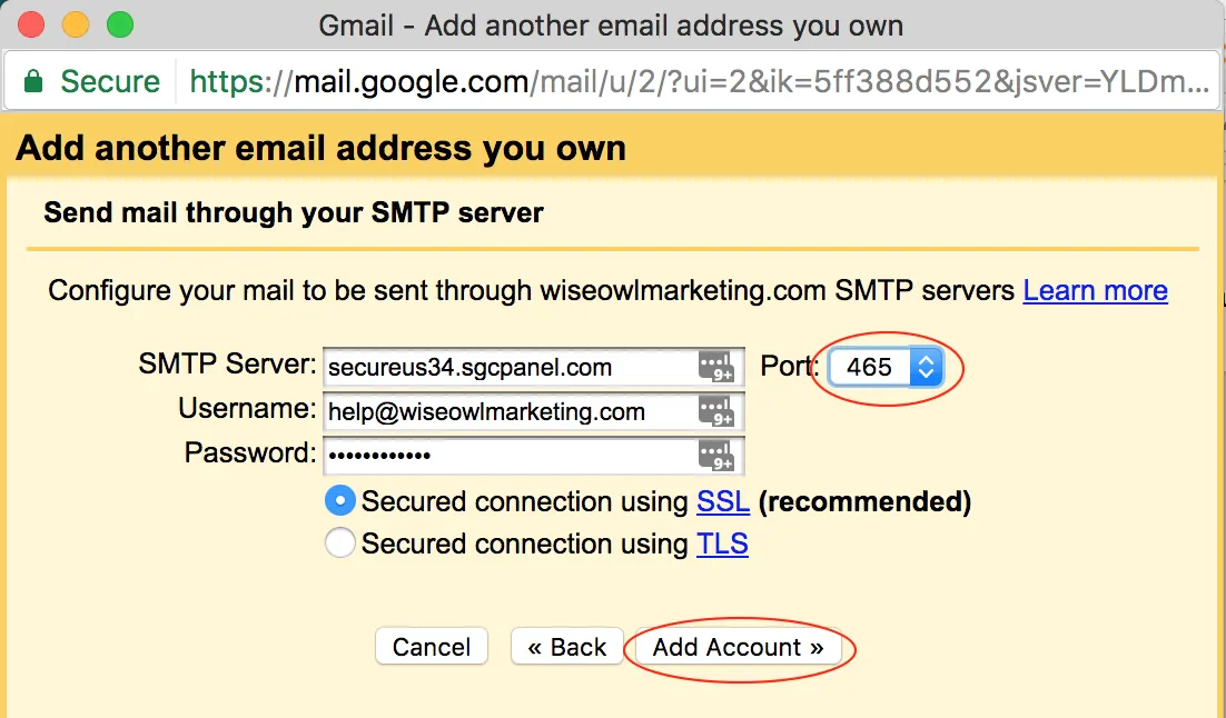 Entering the SMTP server, port, and secure connection setting to send mail