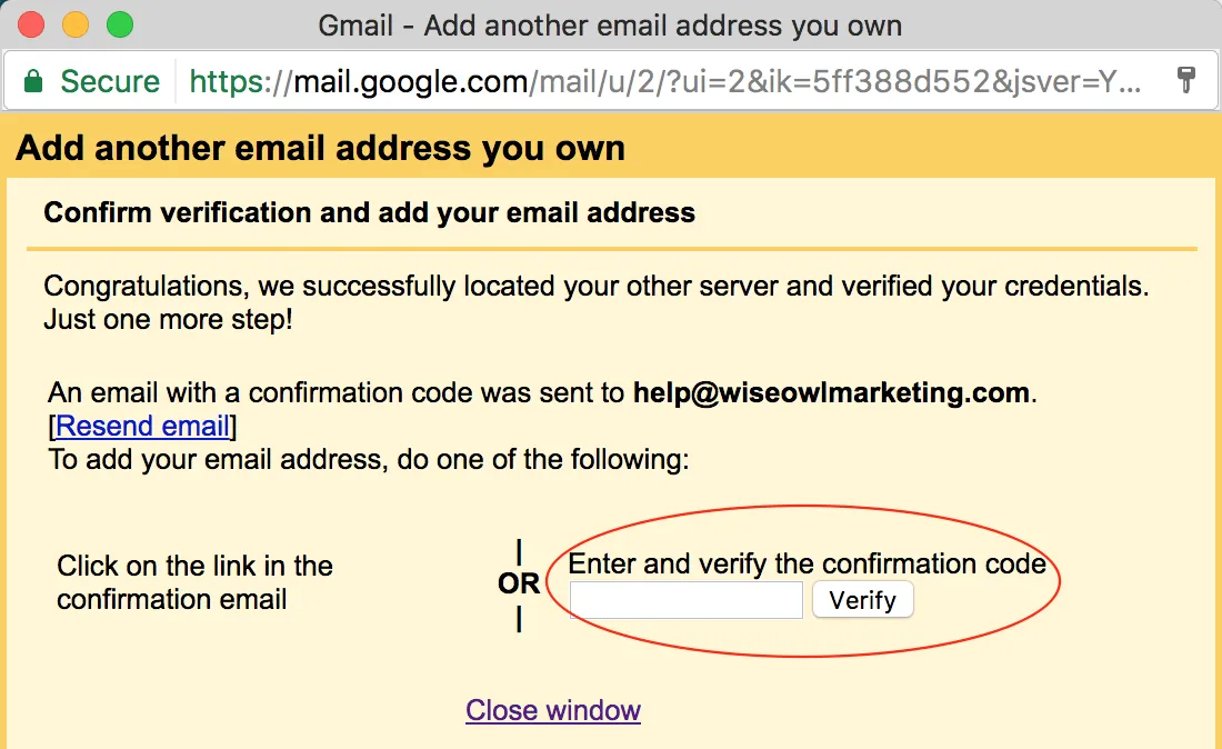 Gmail confirming it located the server and noting a confirmation code was emailed