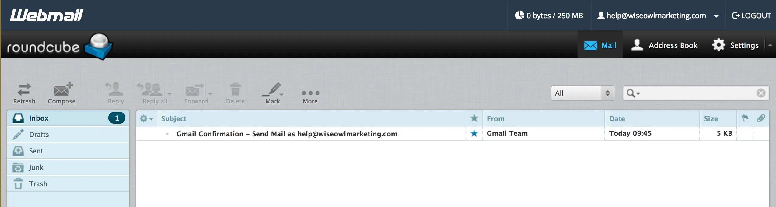 The webmail inbox showing the Gmail confirmation email