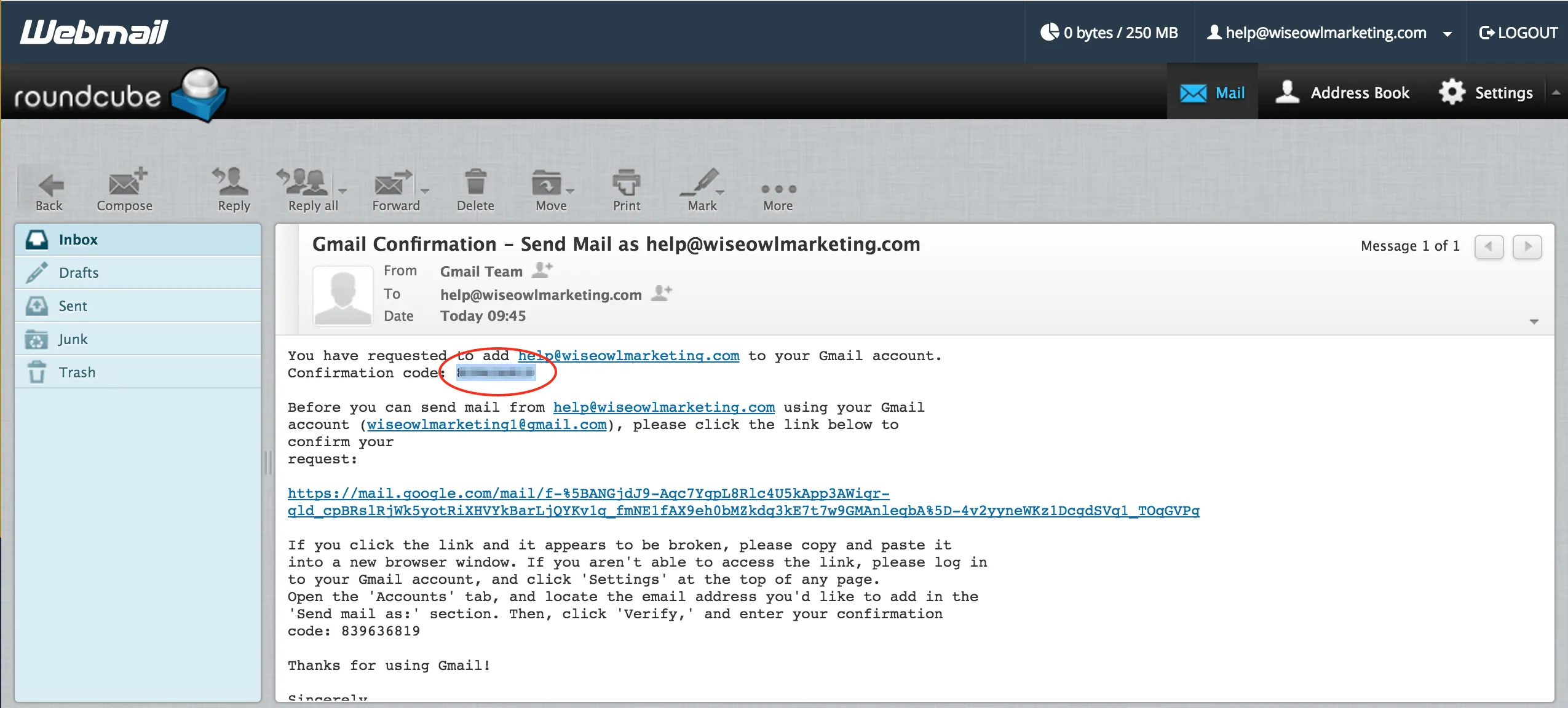 The opened confirmation email showing the verification code