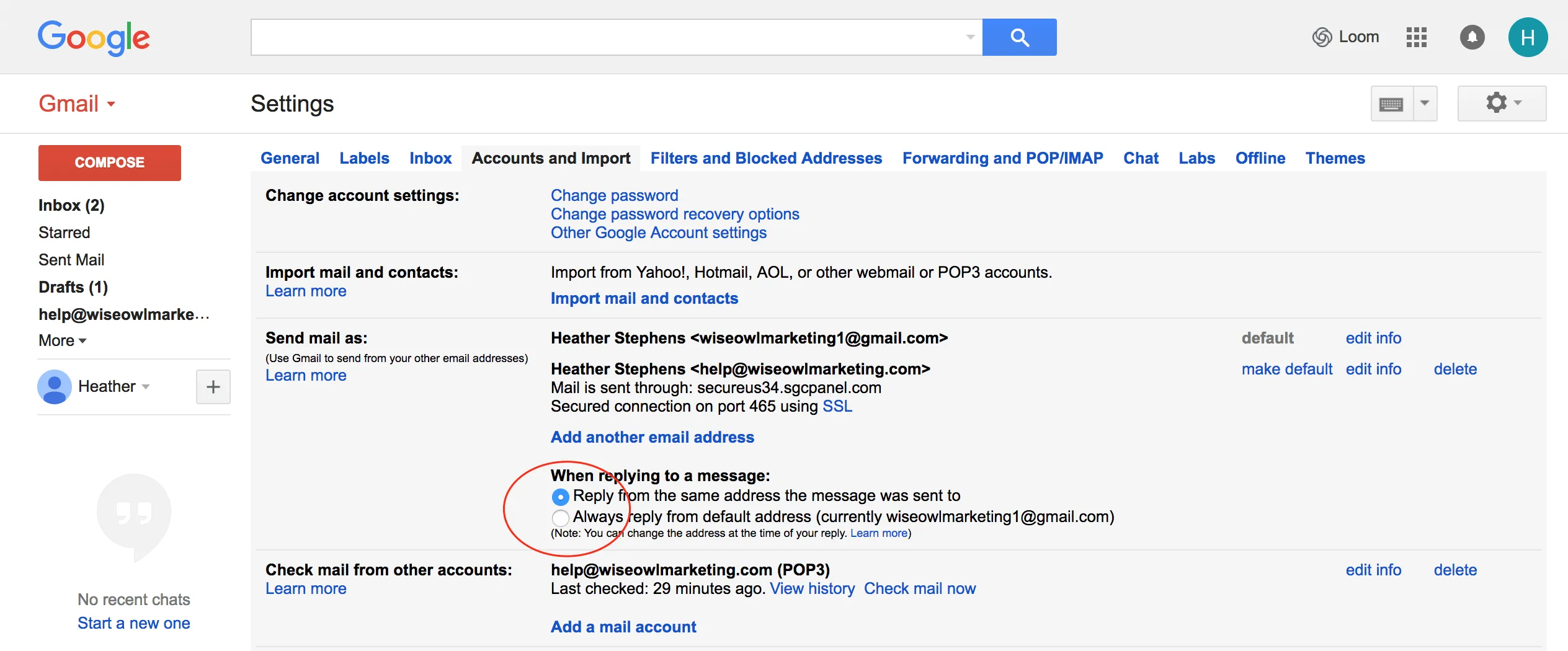 Gmail Accounts and Import settings with Reply from the same address selected