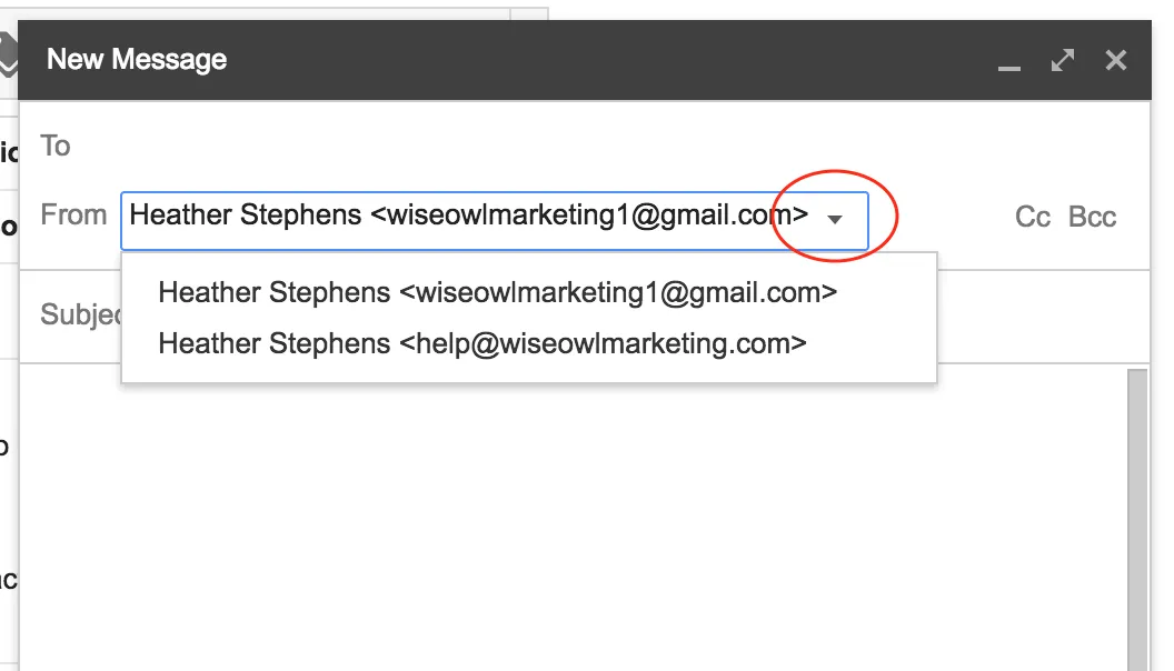 The Gmail compose window with the From dropdown showing both addresses