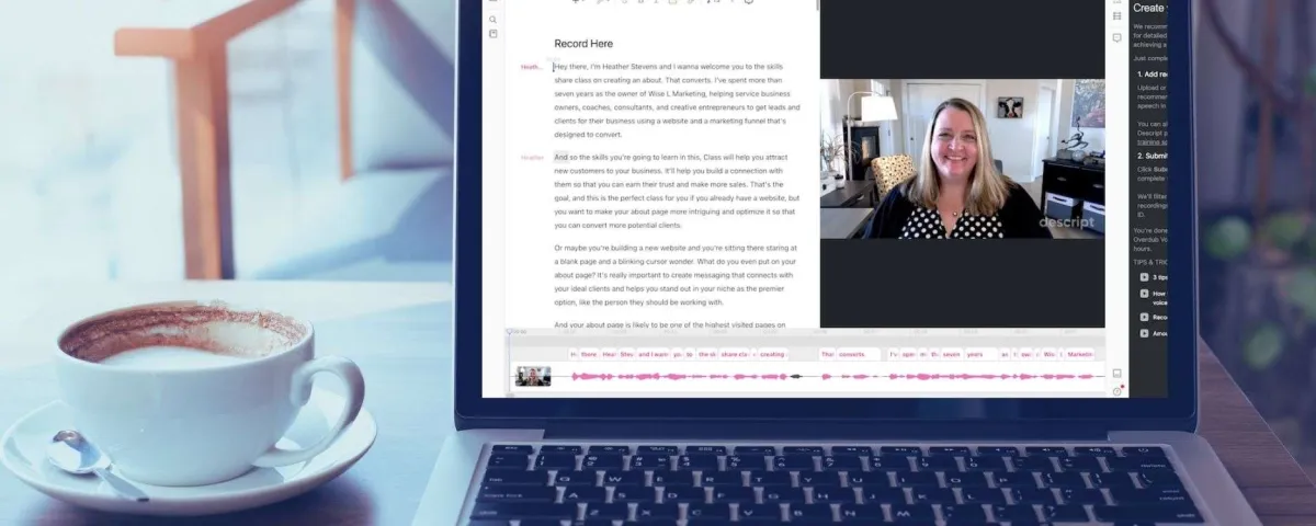 Image of laptop with Descript editor displaying on the screen for blogpost "Why Descript Rocks for Time-Strapped Business Owners: The Ultimate Video Editing Tool"