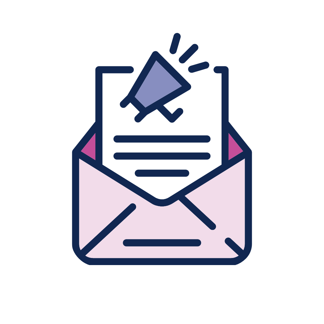 Doodle of a pink envelope with a white peace of paper coming out of it with a purple megaphone on the paper to represent email marketing