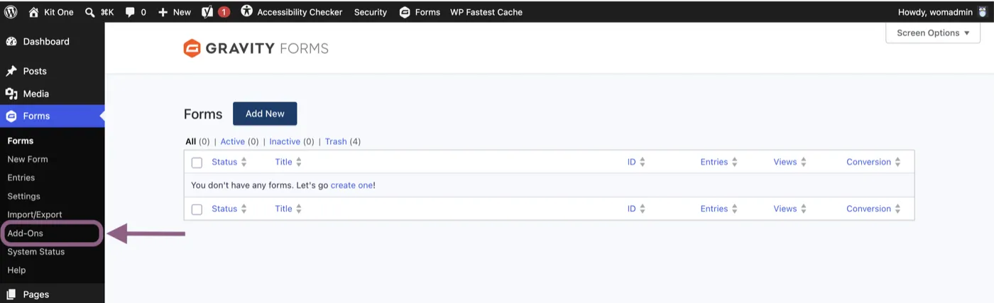 Gravity Forms Forms screen in WordPress with Add-Ons highlighted in the left sidebar