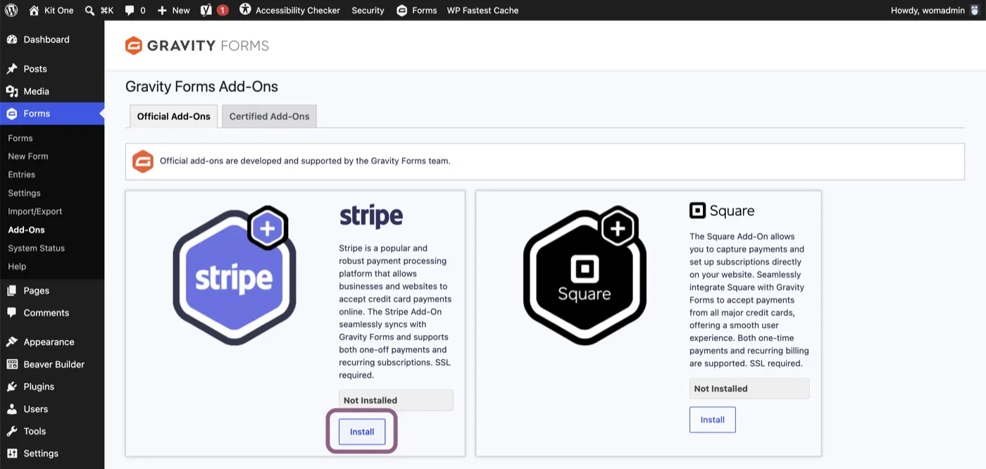 Gravity Forms Add-Ons page showing the Stripe Add-On card with the Install button