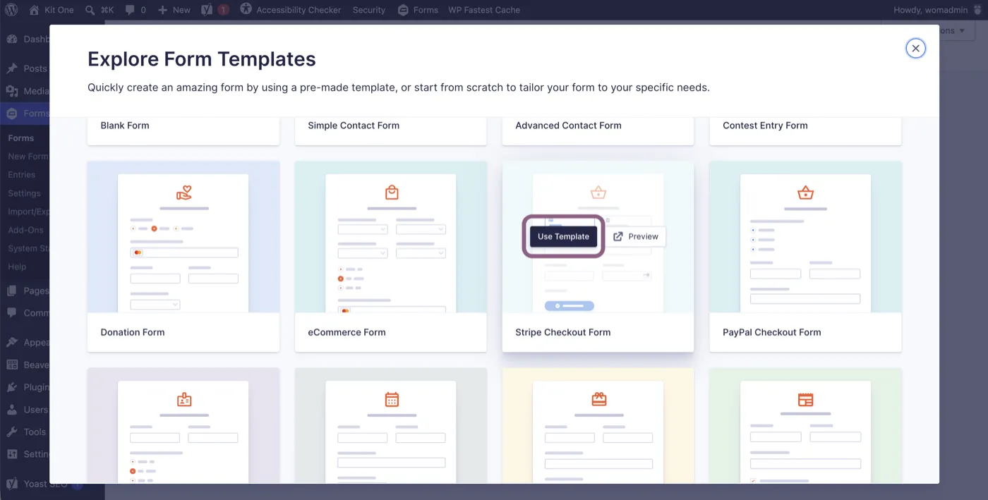Gravity Forms template chooser with the Stripe Checkout Form template and its Use Template button