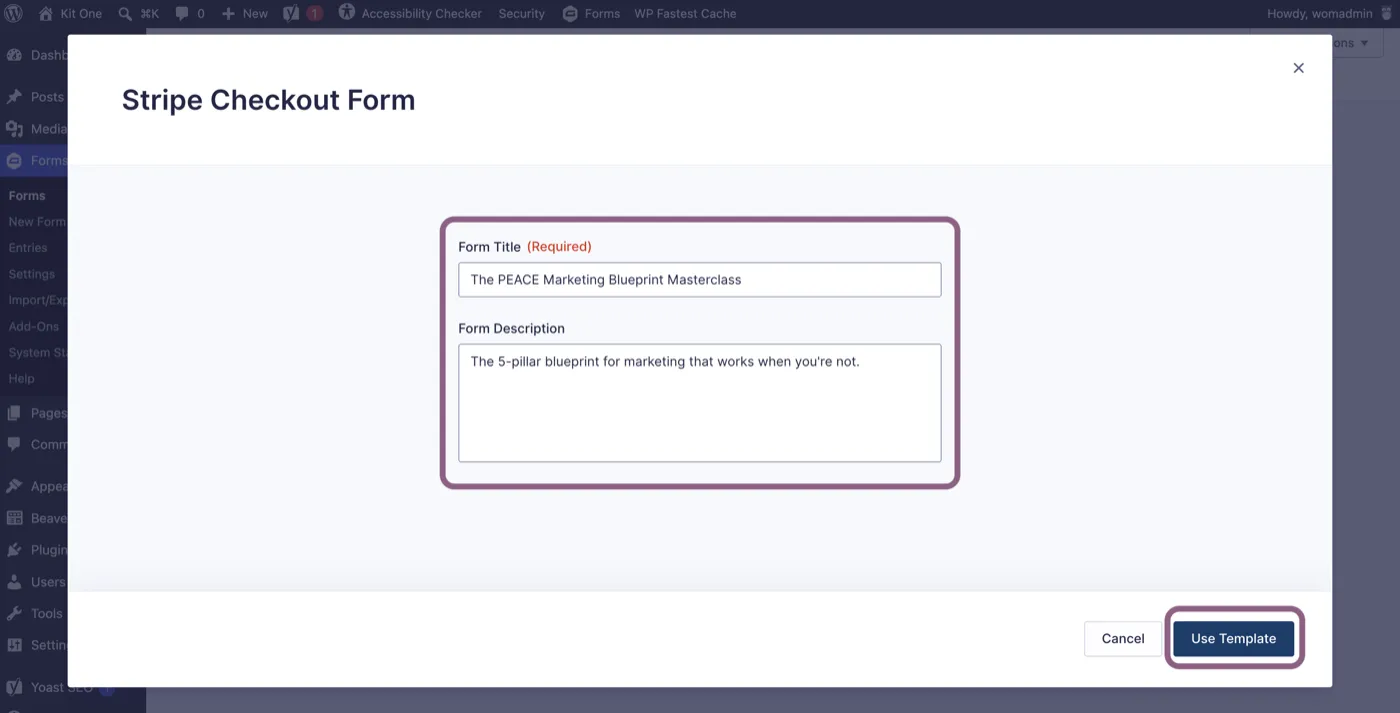 Gravity Forms dialog for naming the new form built from the Stripe Checkout template