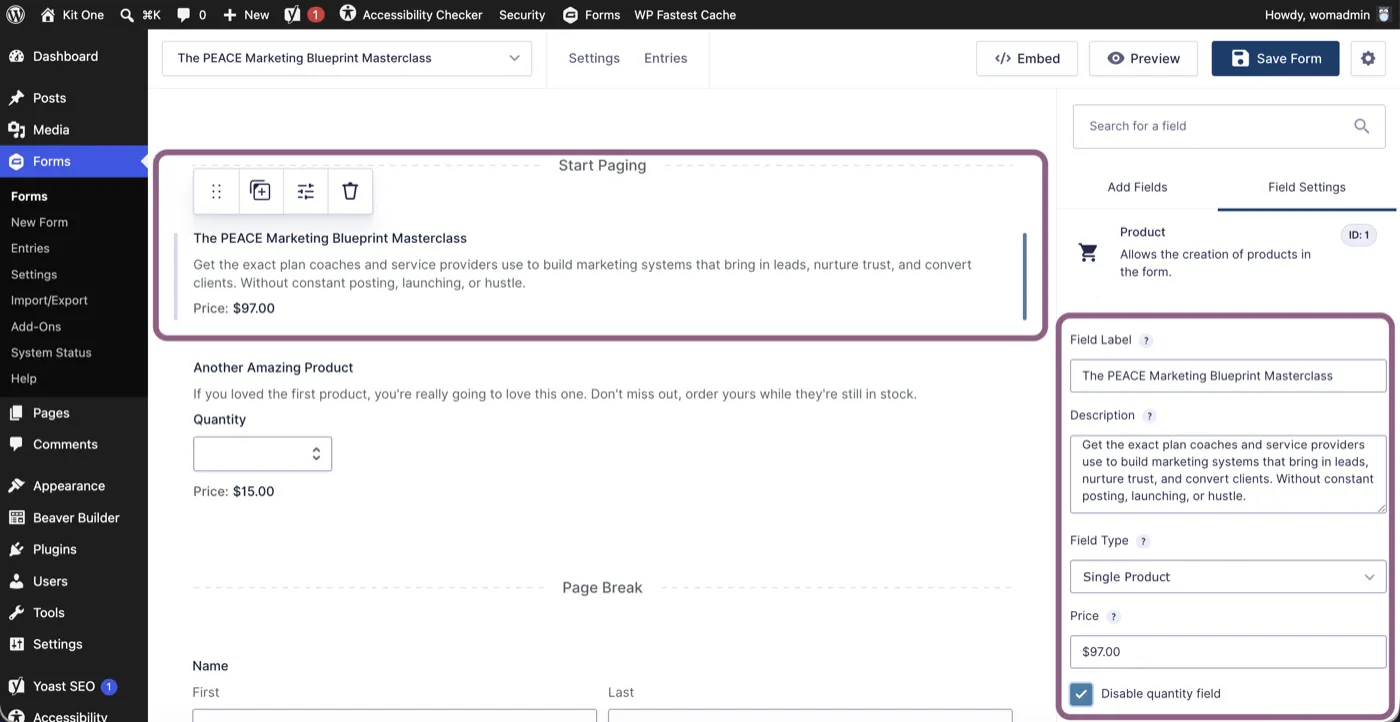 Gravity Forms editor with a product field selected and its label, description and price in the settings panel