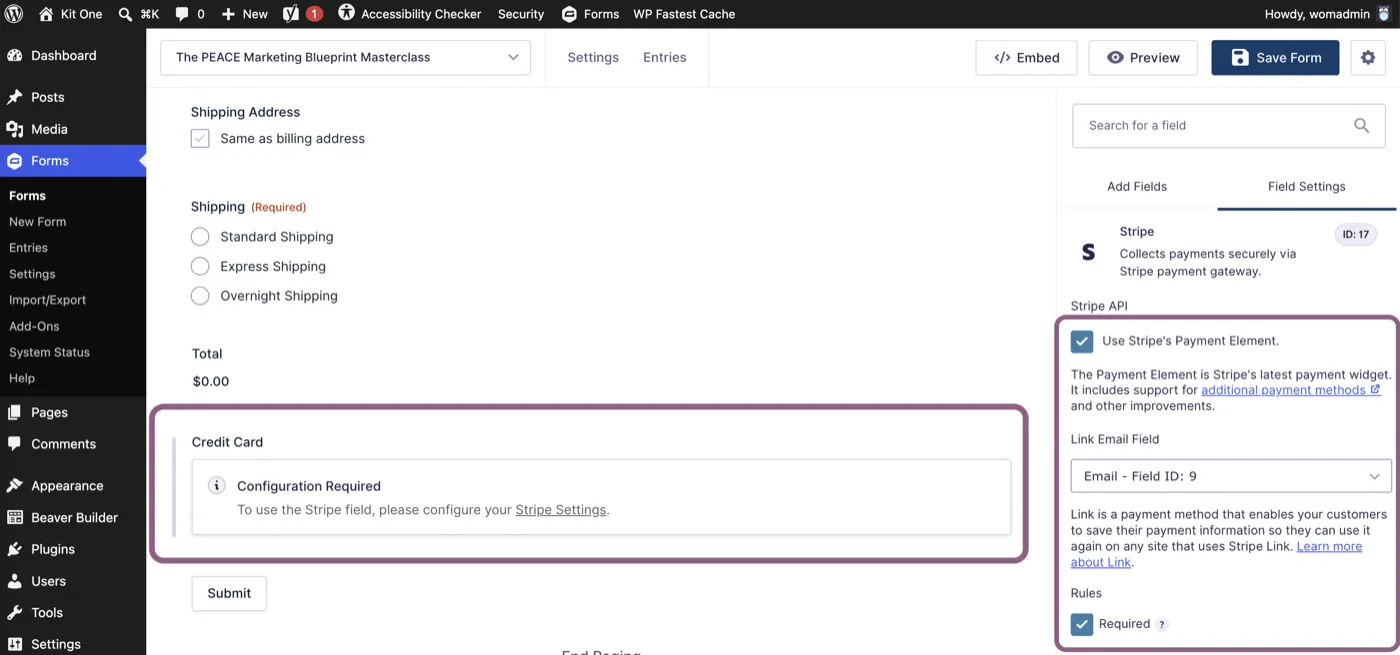 Stripe field settings in Gravity Forms with Use Stripe's Payment Element ticked and the Link email field mapped