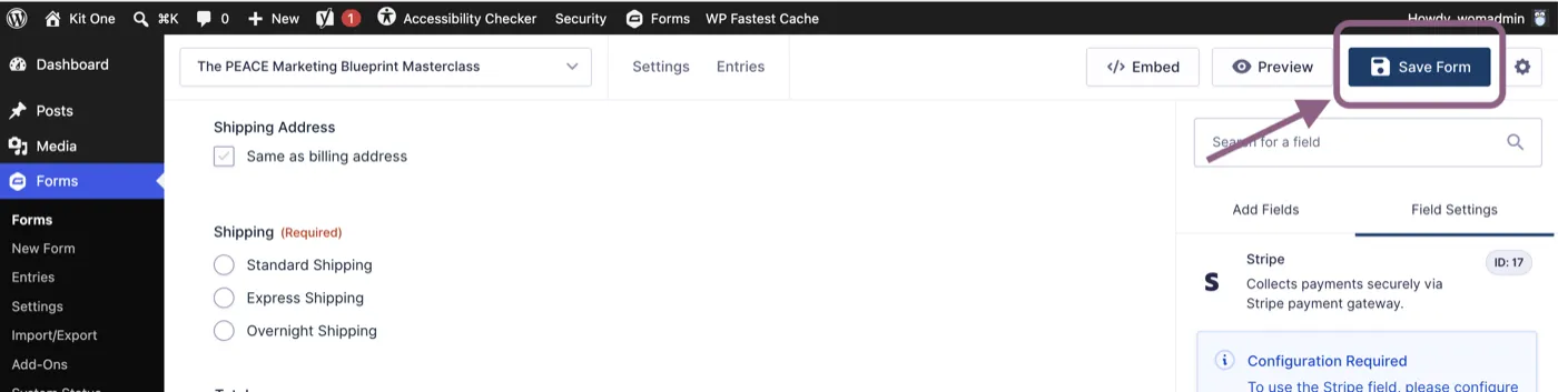 Gravity Forms editor with the Save Form button highlighted