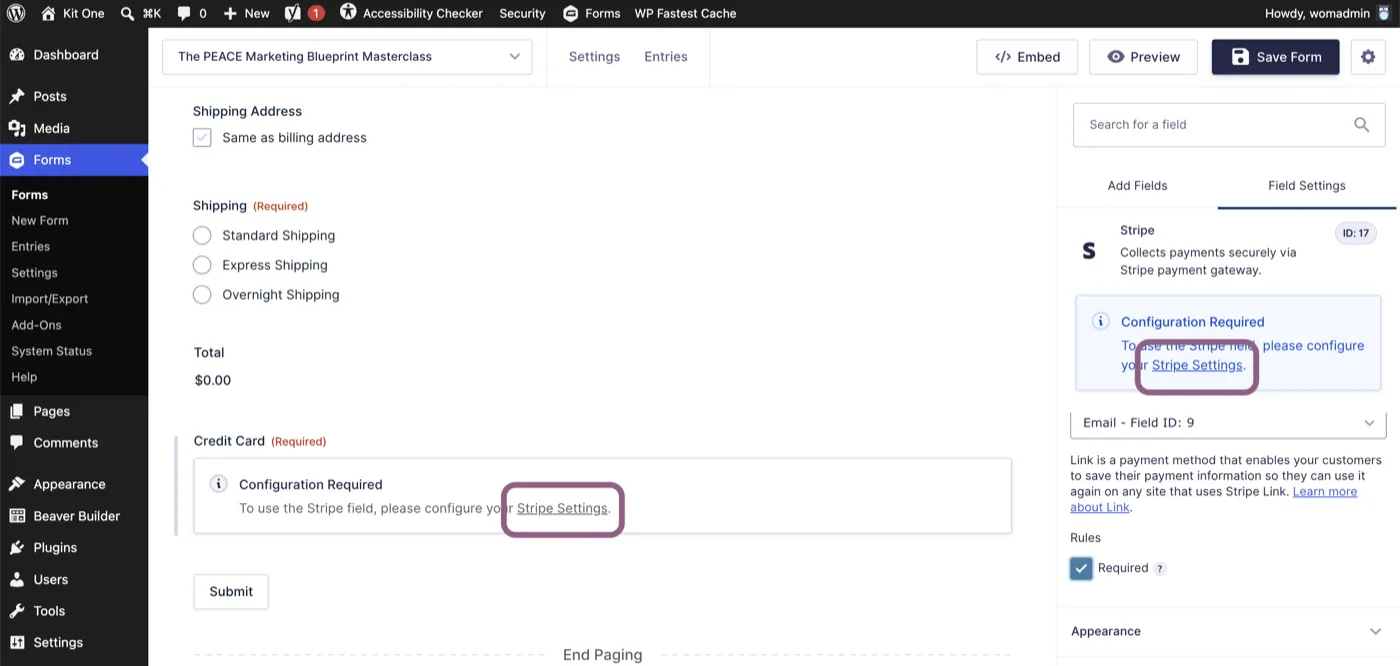 Gravity Forms editor showing a Configuration Required notice linking to the Stripe settings page