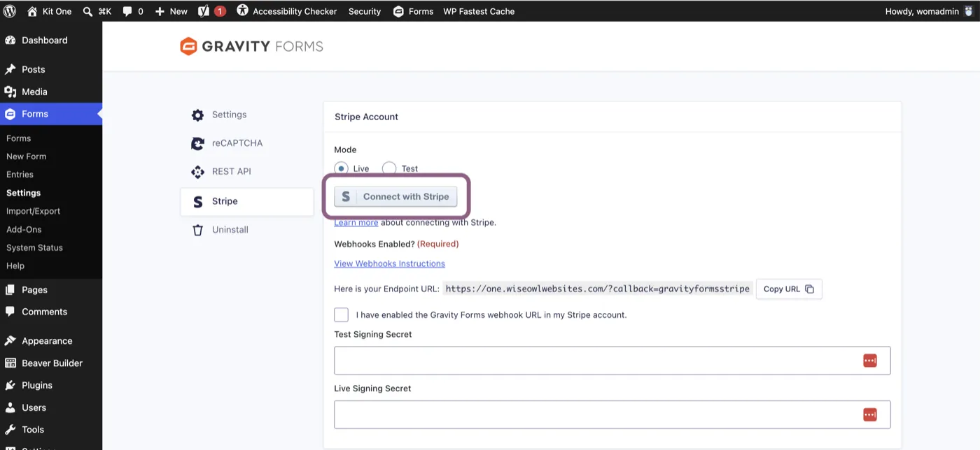 Gravity Forms Stripe settings showing the Mode toggle and the Connect with Stripe button
