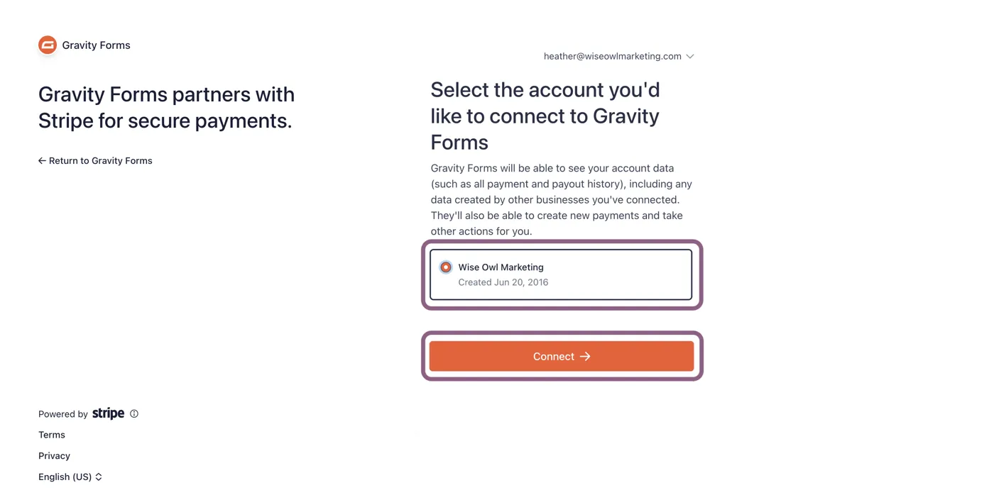 Stripe authorisation screen asking which account to connect to Gravity Forms