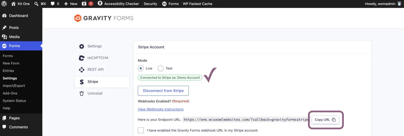 Gravity Forms Stripe settings showing Connected to Stripe and the Copy URL button beside the endpoint URL