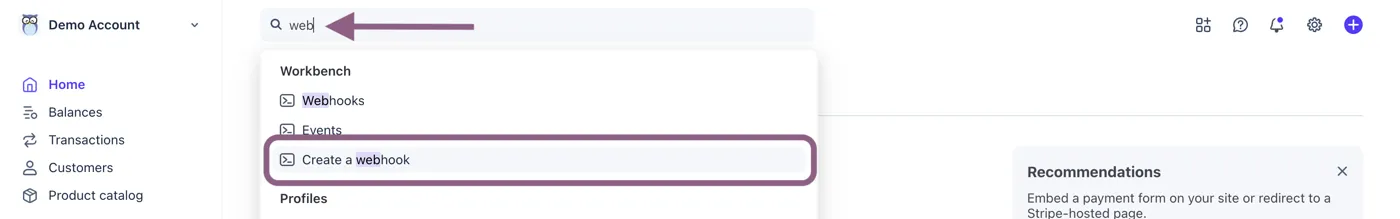 Stripe dashboard search showing the Create a webhook option