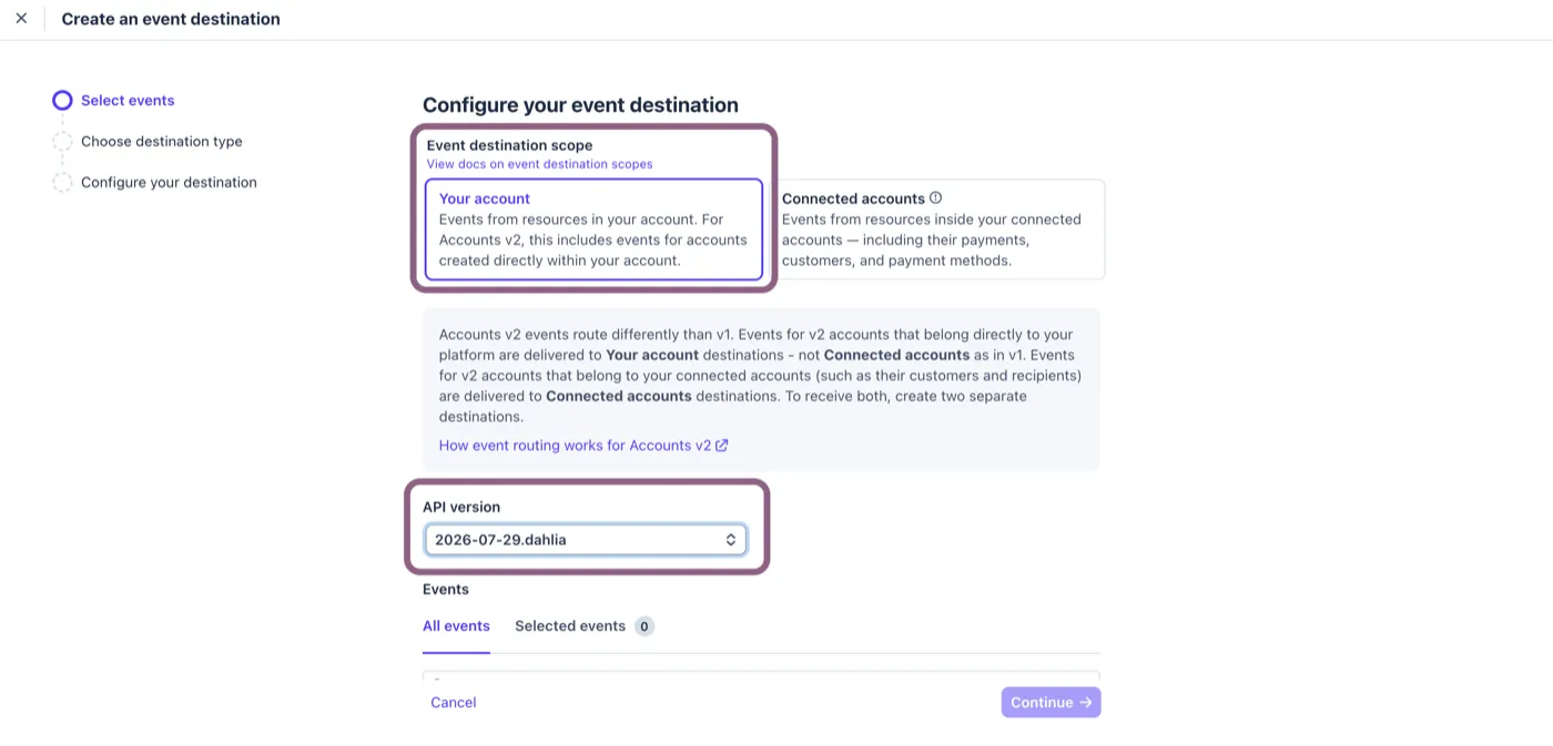 Stripe event destination setup with Your account selected as the scope and the API version dropdown