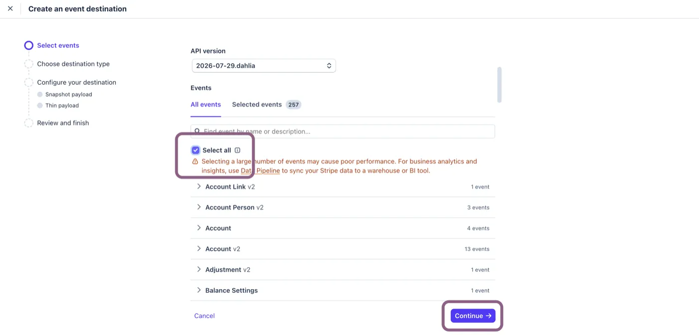 Stripe event selection with the Select all checkbox ticked and the performance warning showing