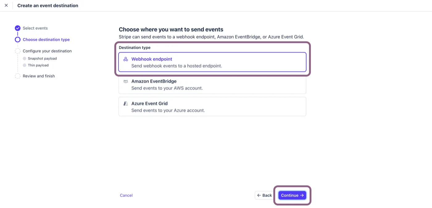 Stripe destination type screen with Webhook endpoint selected
