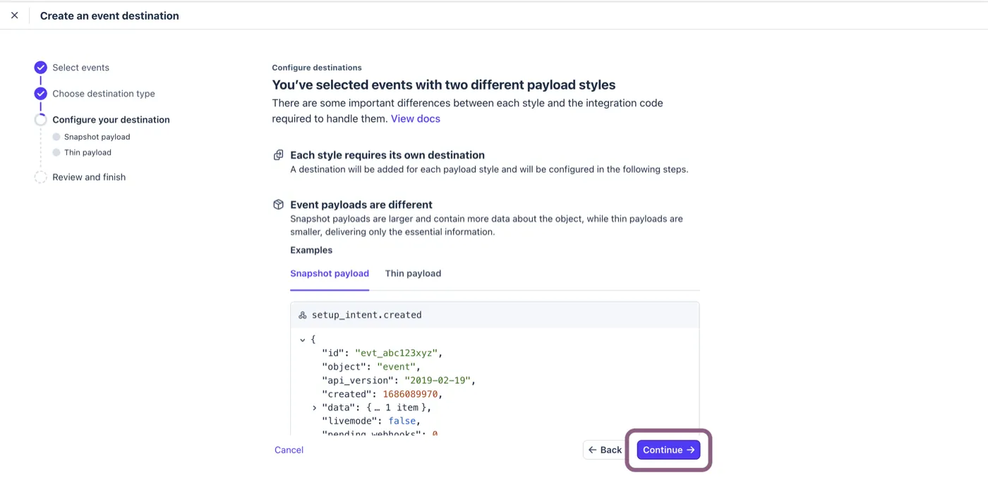 Stripe explaining that the selected events use two payload styles, snapshot and thin