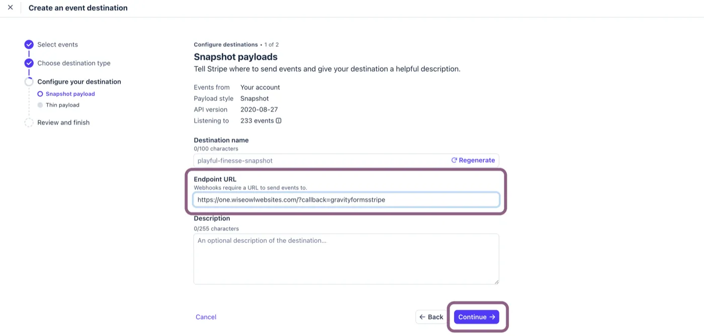 Stripe snapshot payload destination with the Gravity Forms endpoint URL pasted in