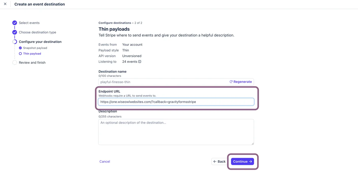 Stripe thin payload destination with the same Gravity Forms endpoint URL pasted in