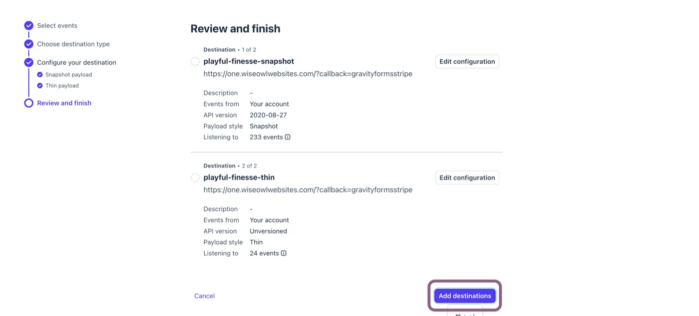 Stripe review screen listing both the snapshot and thin destinations before adding them
