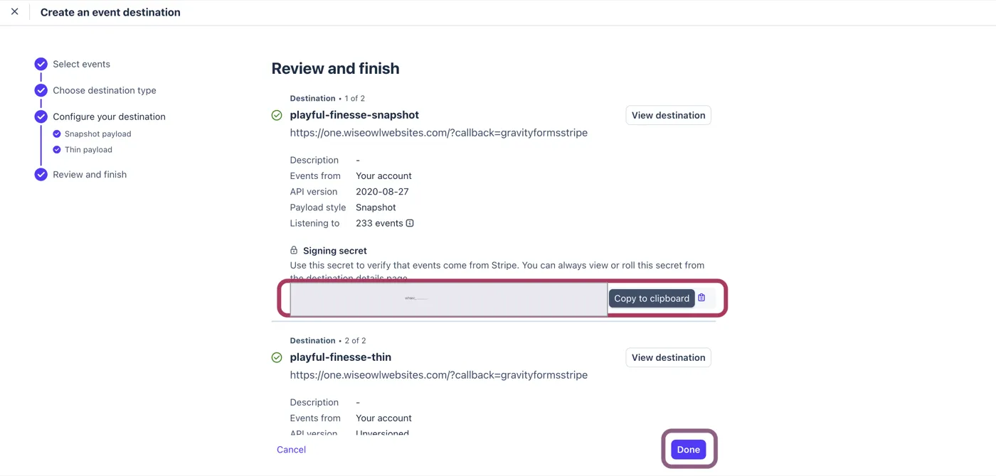 Stripe confirmation screen showing the signing secret with a Copy to clipboard button, secret value hidden