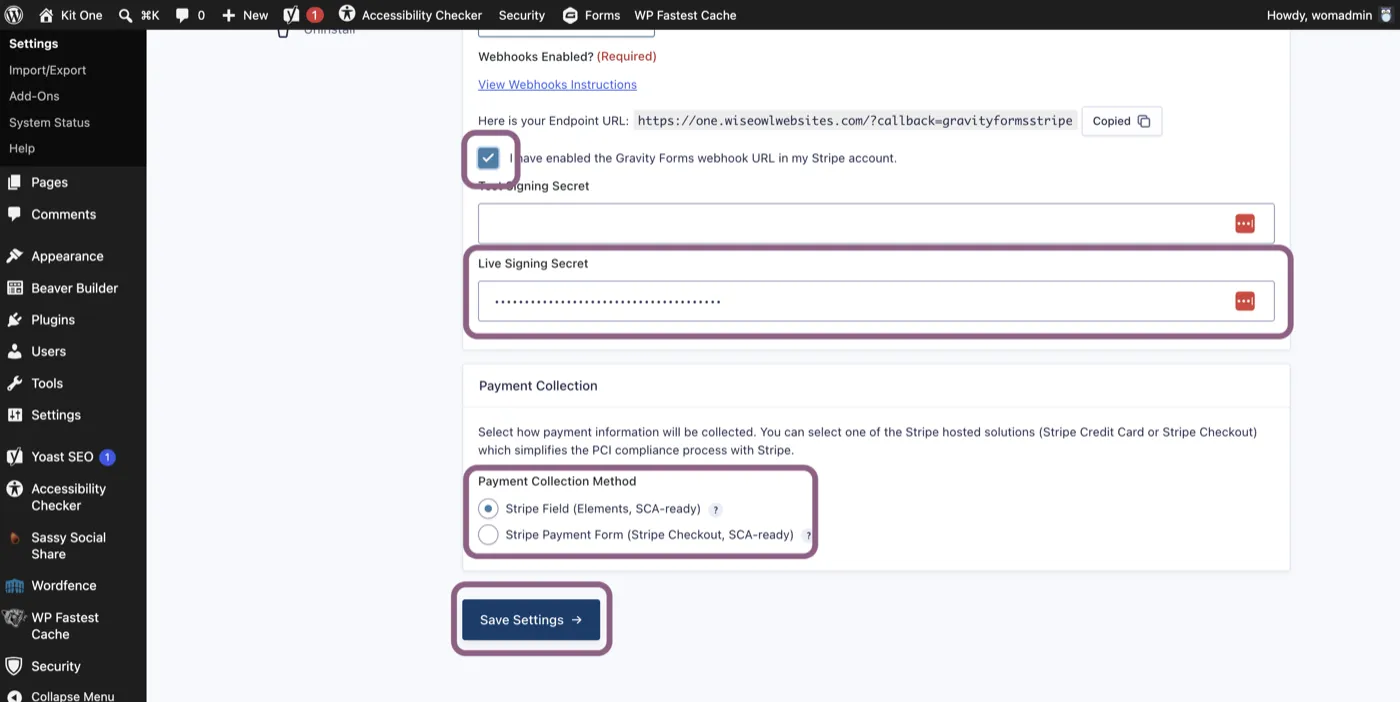 Gravity Forms Stripe settings with the webhook confirmation box ticked and the Live Signing Secret field filled in