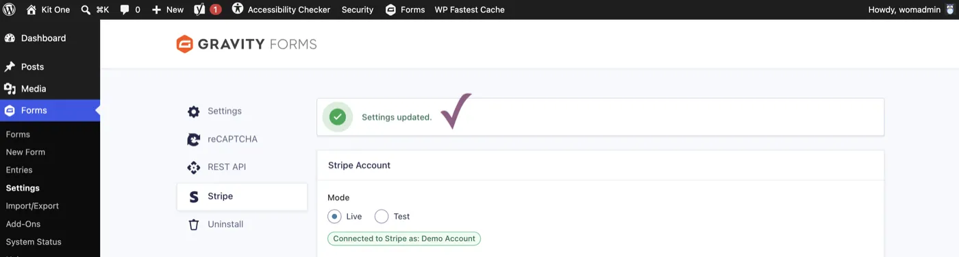 Gravity Forms Stripe settings showing a Settings updated confirmation