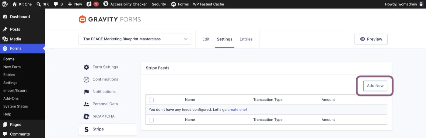 Gravity Forms Stripe feeds screen with no feeds yet and the Add New button