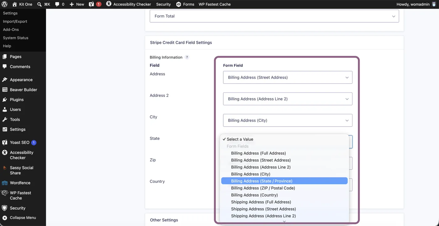 Stripe feed billing information settings mapping address, city, state, zip and country to form fields
