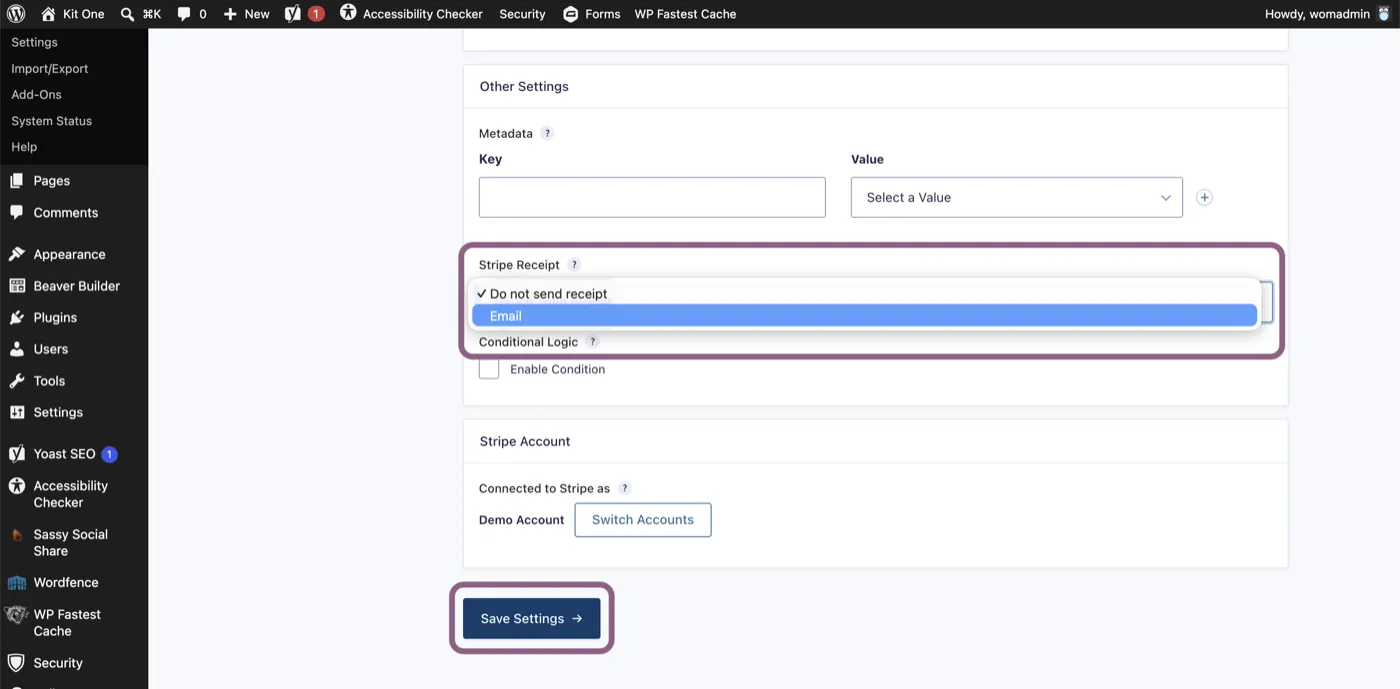 Stripe feed settings showing metadata, the Stripe receipt option, conditional logic and the Save Settings button