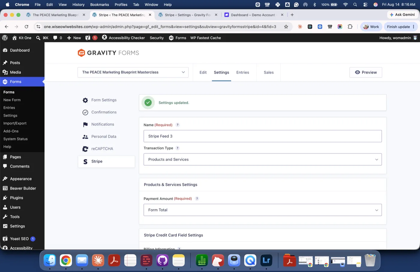 Saved Stripe feed showing Products and Services as the transaction type and Form Total as the payment amount