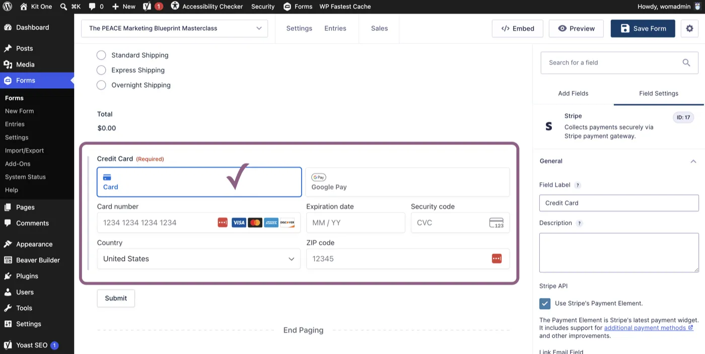 The finished payment field on the form showing card number, expiry, security code and a Google Pay option